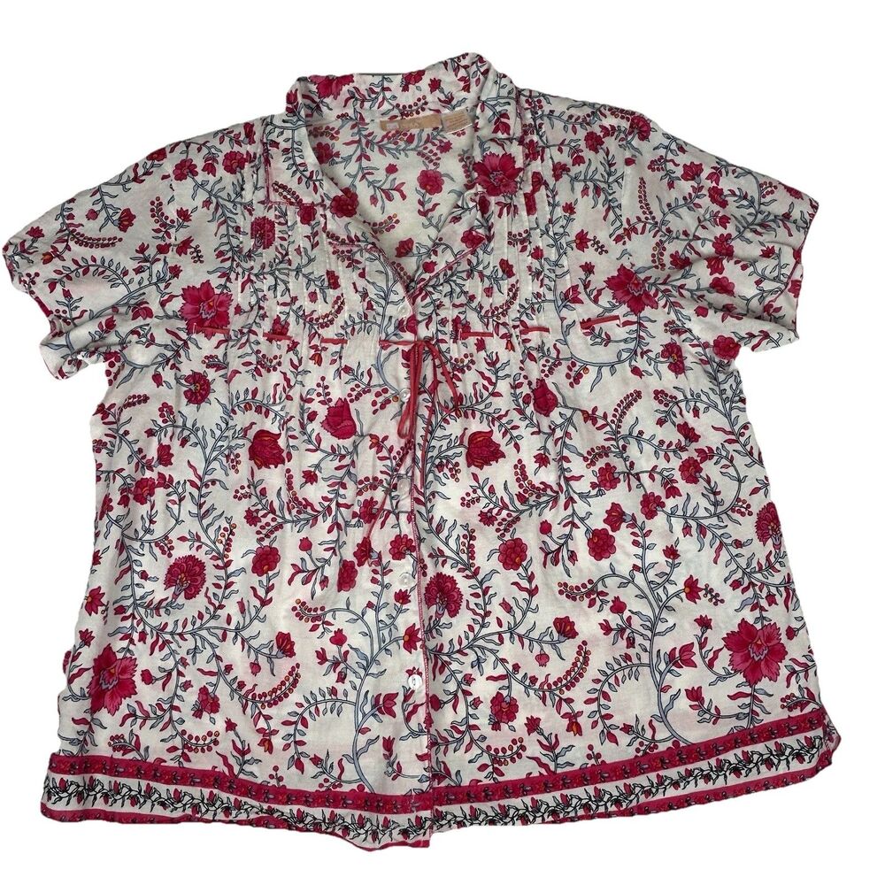 La Cera cotton LTWT floral button front pin tucks ribbon tie top Womens sz Xl